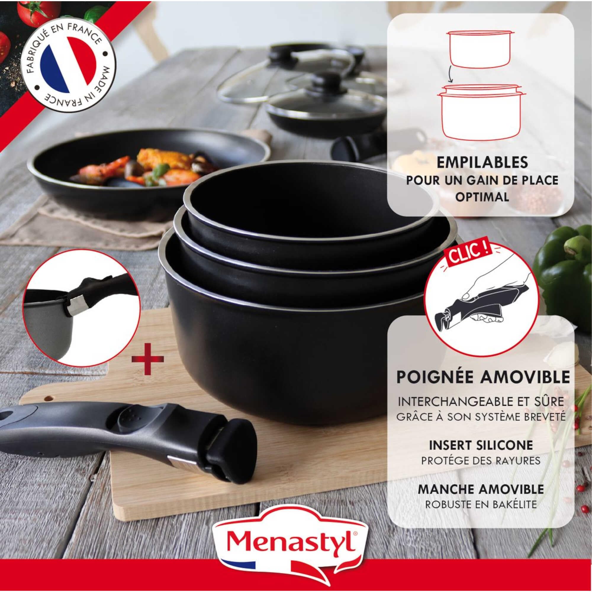 Set 5 Pièces Menastyl Iris Aluminium Noir Induction - 2 Poêles + 2 Casseroles + Poignée Amovible
