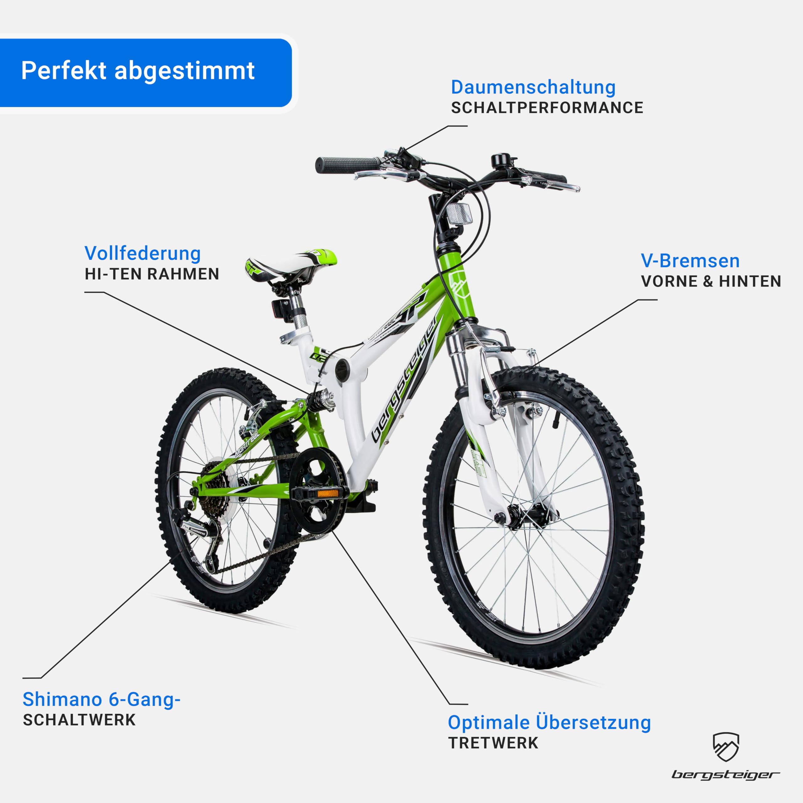 Bergsteiger Montreal 20/24 Zoll Kinderfahrrad Mountainbike mit Vollfederung | Ideal für den Schulweg ab 115 cm Körpergröße. Mit 18-Gang-Schaltung, Scheibenbremse und zu 90 Prozent fertig vormontiert.