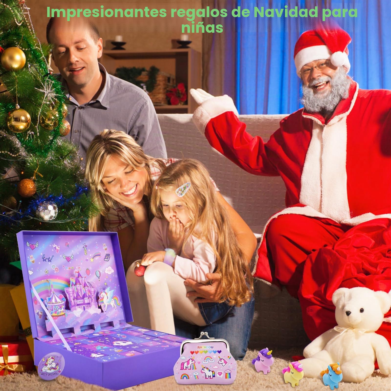 Calendario de Adviento 2025 para niñas, calendario de cuenta atrás de Navidad, 24 días, regalo de unicornio para niños, niñas, incluyendo accesorios para el pelo, pasadores de pelo, pulseras, cartera