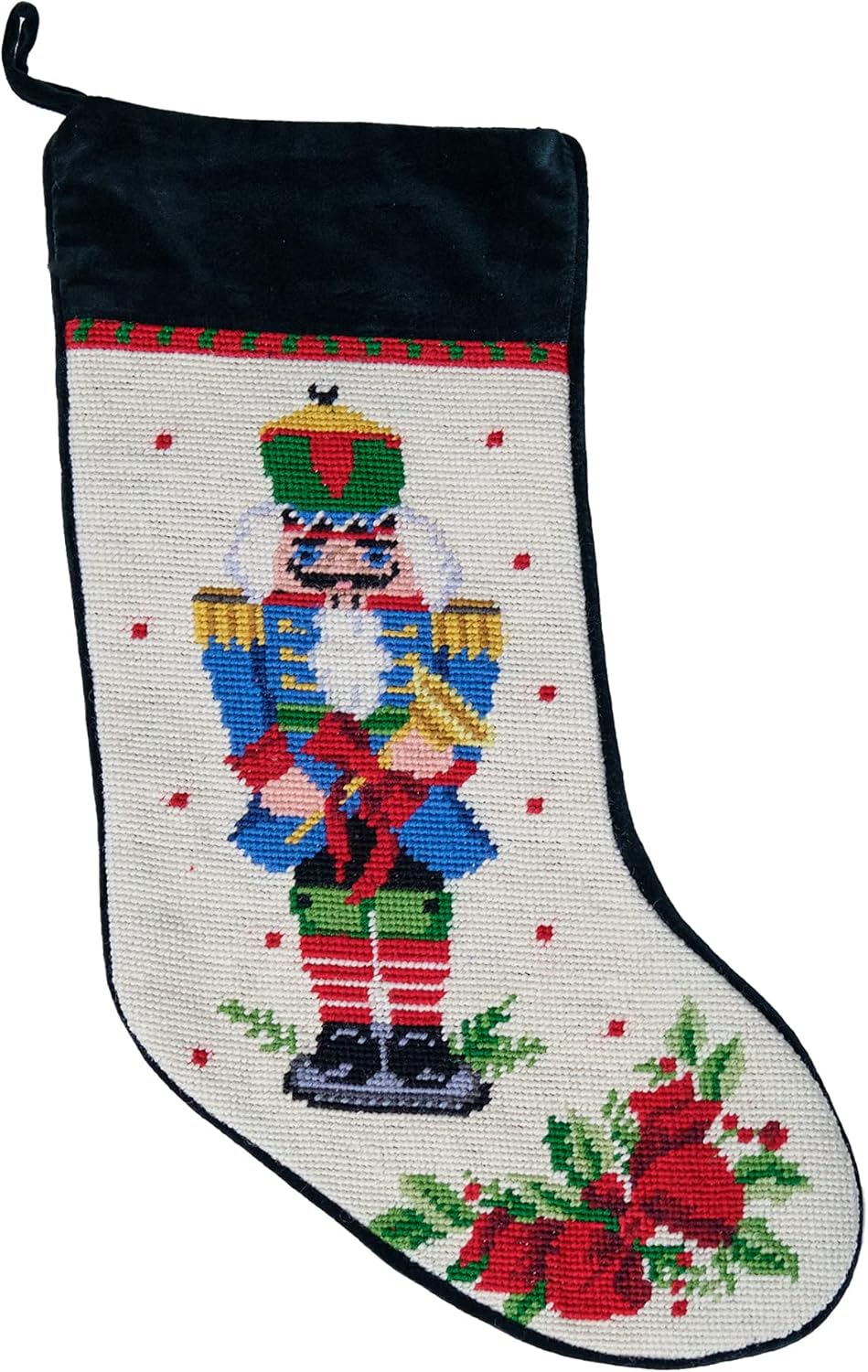 Blue Nutcracker Melody with Trumpet Christmas Stocking, Wool & Velvet Needlepoint, 11 Inch X 18 Inch