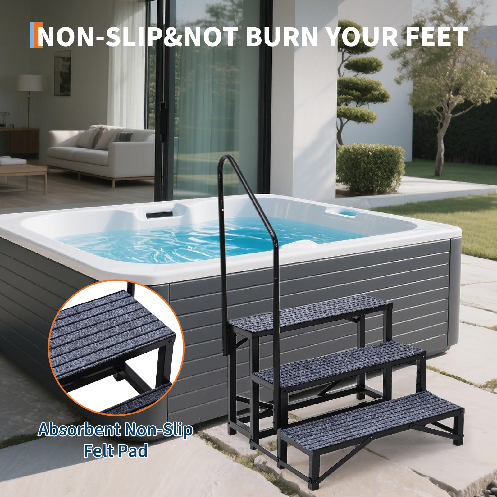 Marchepied supplémentaireérieur Camping-Car– capacité 300 kg, Surface antidérapante, Main Courante – idéal Caravane, Spa, Piscine, Animaux – Noir (3 marches)