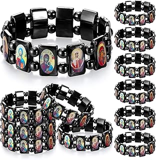 12 Pcs Christian Hematite Bracelet with Saints Catholic Orthodox Religious Elastic Bracelet with Holy Icons Prayer Gifts