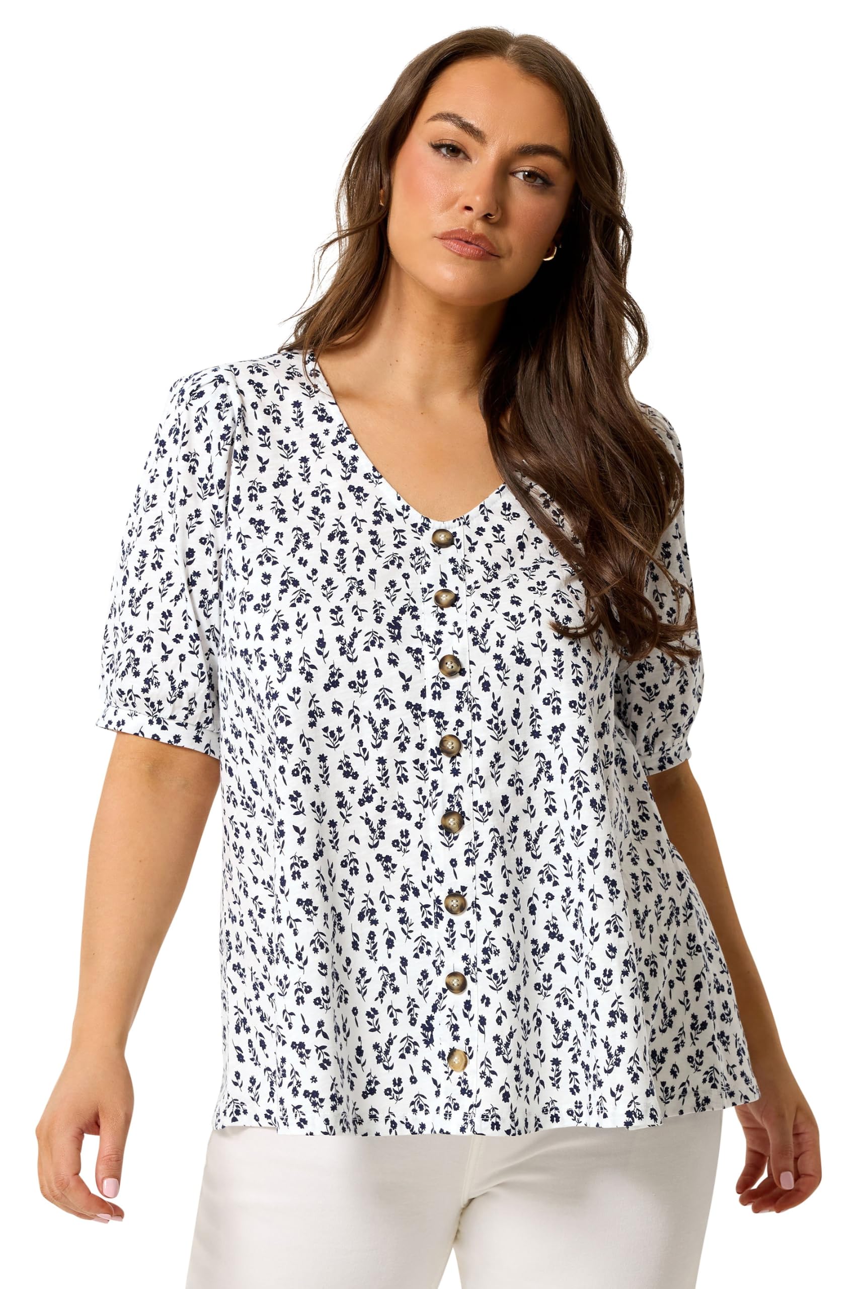 Yours Women's White Floral Button Front Top In | Size: 16