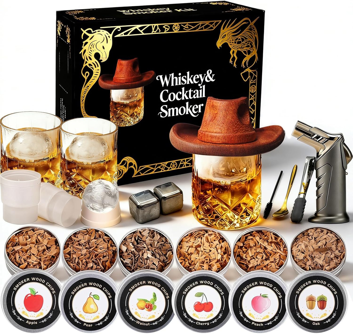 Whiskey Smoker Kit with Torch - 6 Flavors Wood Chips, 2 Metal Ice Cubes, 2 Glasses - Cocktail Smoker Infuser Kit, Old Fashioned Drink Smoker Kit, Birthday Whiskey Bourbon Gifts for Men,Dad(NO Butane)
