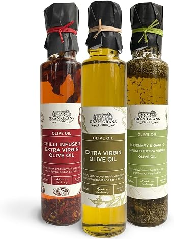 Gran Grans Olive Oil Variety Pack - 1 x Classic Extra Virgin, 1 x Double Chilli Oil, 1 x Rosemary & Garlic Oil - A Perfect Italian Gift Bundle - Small Batch Family Made in Ireland - 3 Bottles x 250