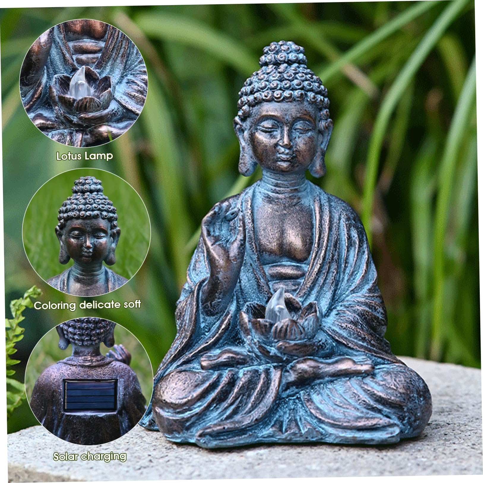 Statua da giardino a forma di Buddha per esterni, decorazione solare con luce a LED a forma di loto, in resina impermeabile, per casa, patio, prato, 15 x 11 x 20 cm