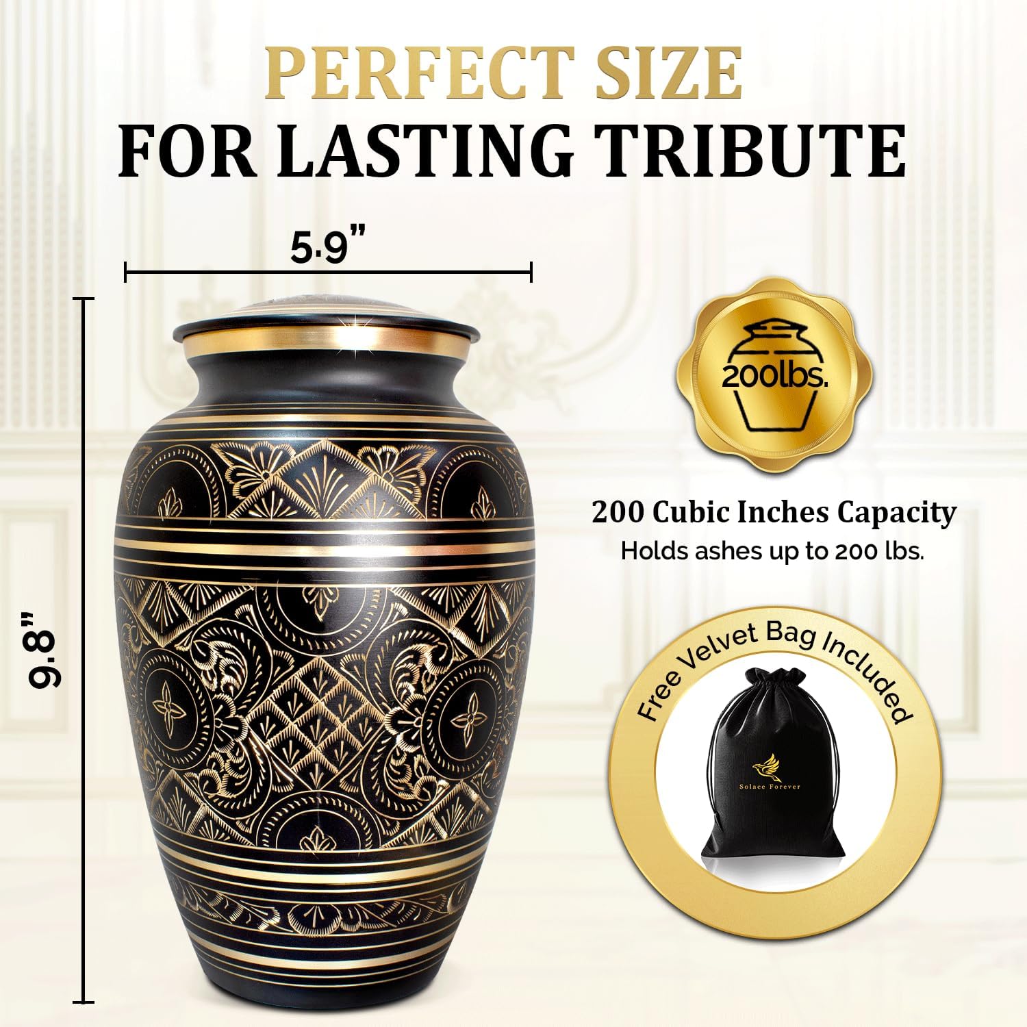 Cremation Urns for Human Ashes – Handcrafted 200 Cu in Brass Memorial Urn with Tight-Seal Lid – A Beautiful, Lasting Tribute for Loved Ones (Black, Large)