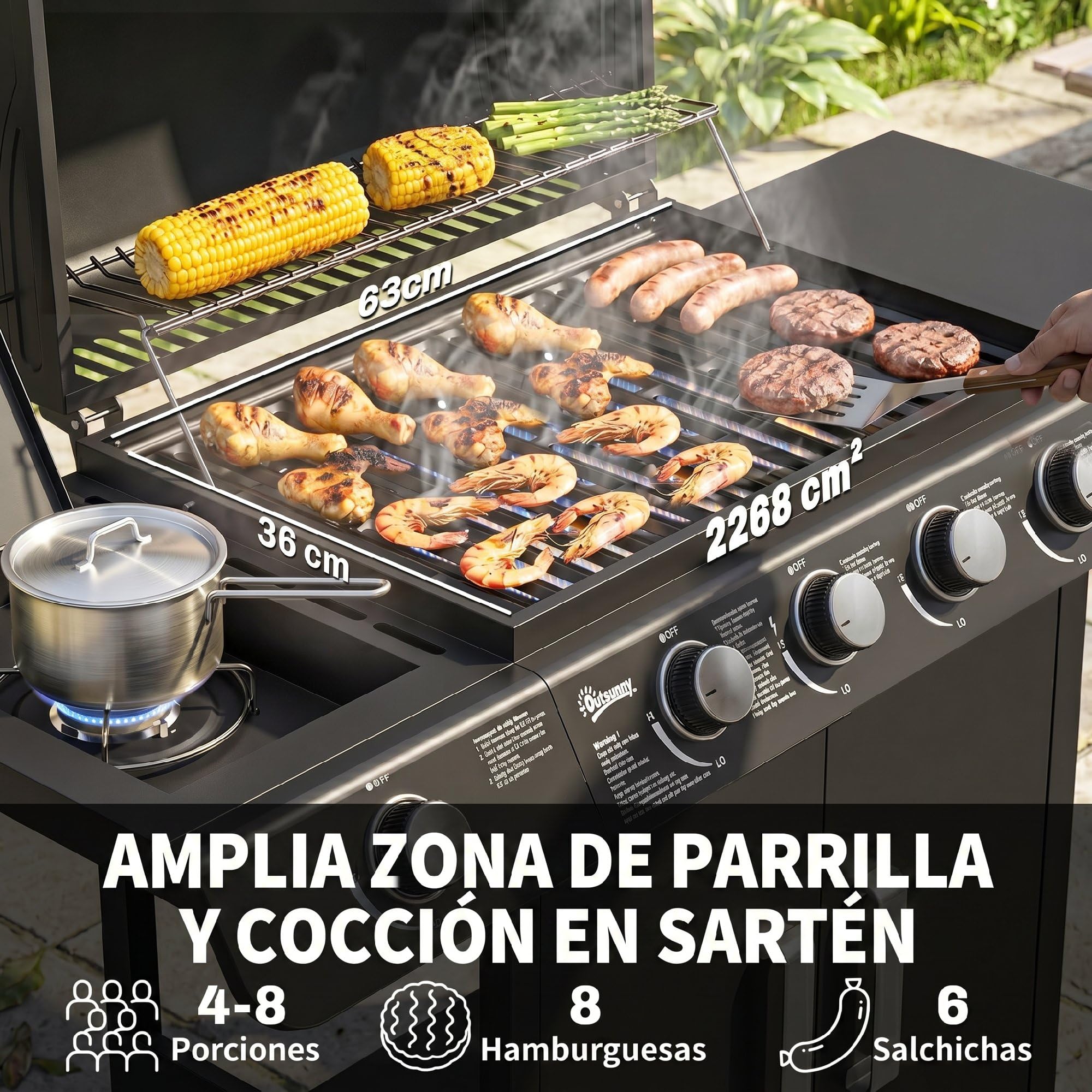 Outsunny Barbacoa de Gas con 4+1 Quemadores 14,4 KW Mesas Laterales Armario de Almacenaje Termómetro y 2 Ruedas Acero Inoxidable BBQ 125x51x100 cm Negro
