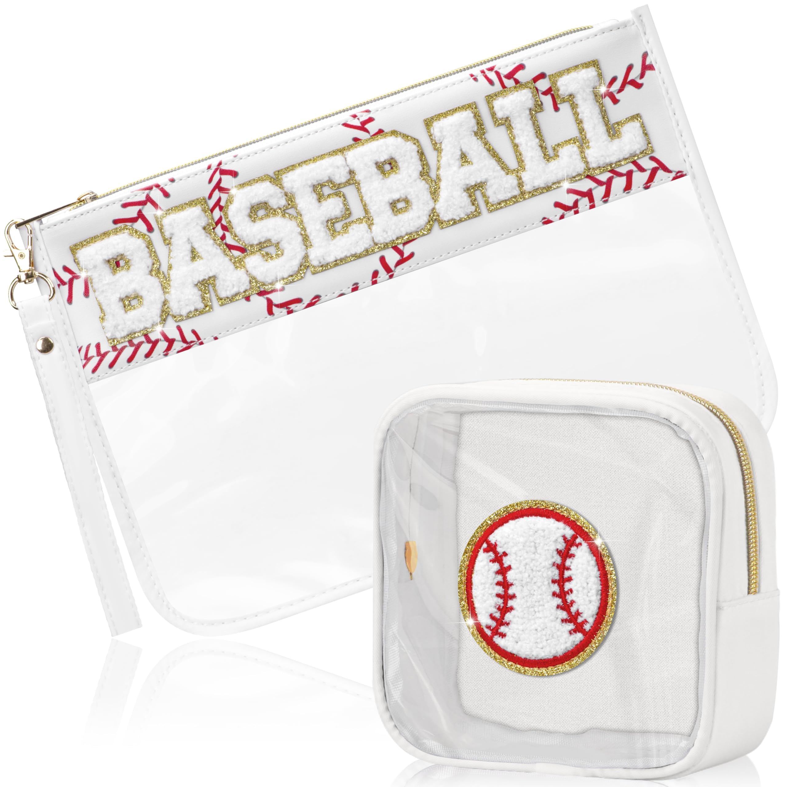 BuyCard 2 Pcs Baseball Gifts Cosmetic Makeup Bag with Chenille Letter Patch, Clear Pouch PVC Organizer Purse, Waterproof Travel Bag, Portable Toiletry