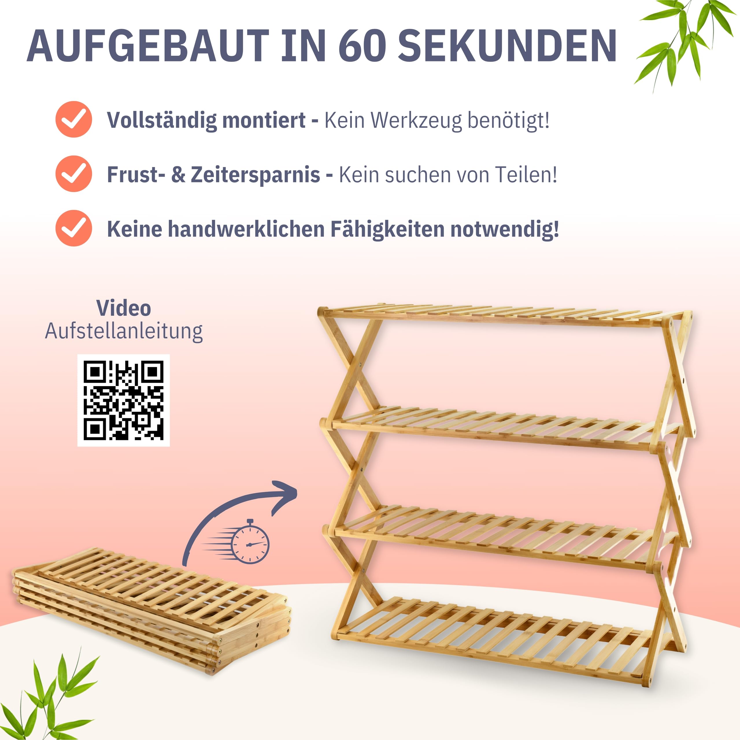 Felino® Schuhregal Schuhablage Organizer aus Bambus Holz offen | 70cm lang | Schuhorganizer offenes Regal klappbar auch für Camping