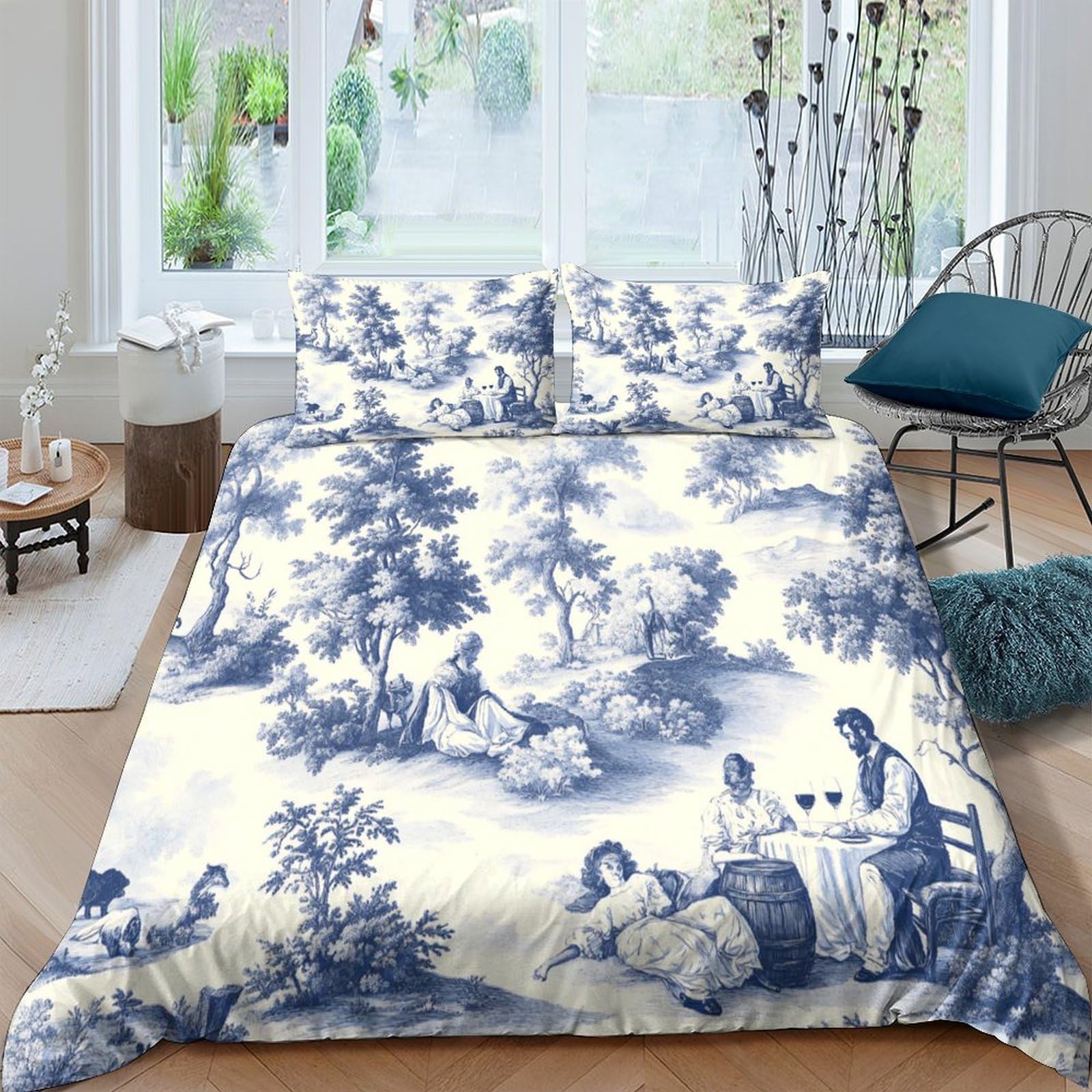 GPLZQXKJNH 3D Printed Vintage Pastoral Scenery Duvet Cover Set Microfiber Soft Breathable Blue Toile Bedding Set with 2 Pillowcases for Bedroom Home Decor Single（135x200cm）