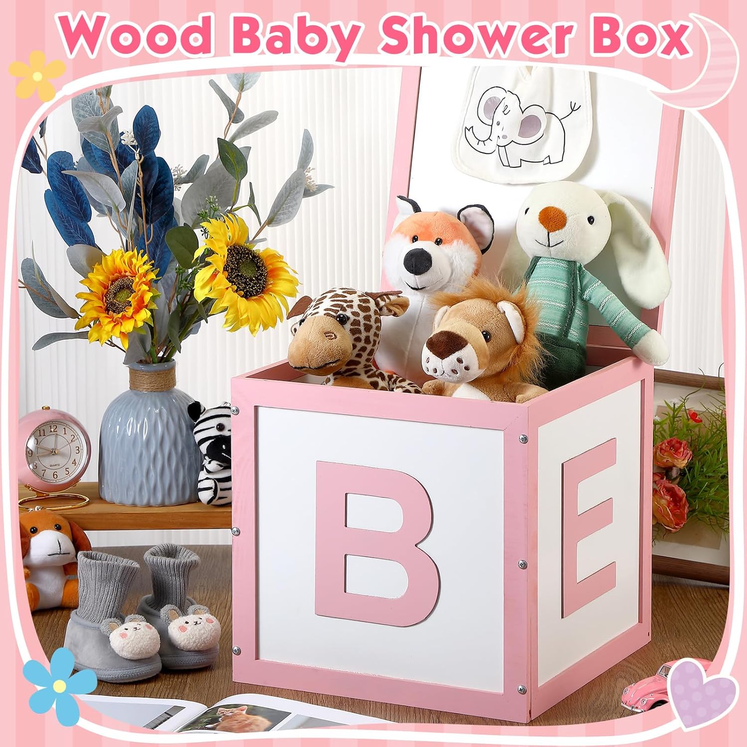 Chunful Wood Baby Shower Box ABC Display Box for Party Decorations with Alphabet Letters Personalized Shower Gifts Basket Party Blocks Backdrop for Boys and Girls (Pink,White)