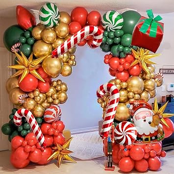 Christmas Balloons Garland Arch Kit, 99 Pack Luxury Xmas Red Green Gold Balloons, Candy Cane Foil Balloons, Explosion Star Balloon, Gift Box Balloons, Santa Claus Balloon for New Year Winter Holiday