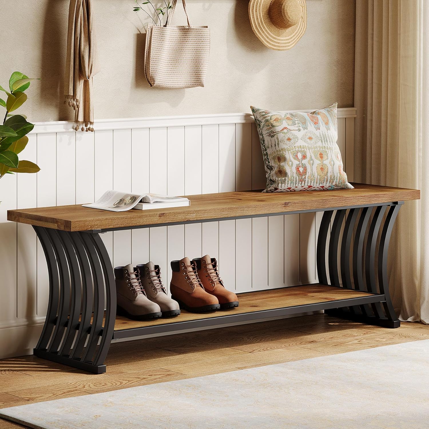 Tribesigns Industrial Entryway Bench with Shelf, Wood Indoor End of Bed Shoe Bench, 55" Long Storage Benches Seat for Bedroom, Hallway, Foyer, Entry, Brown & Black