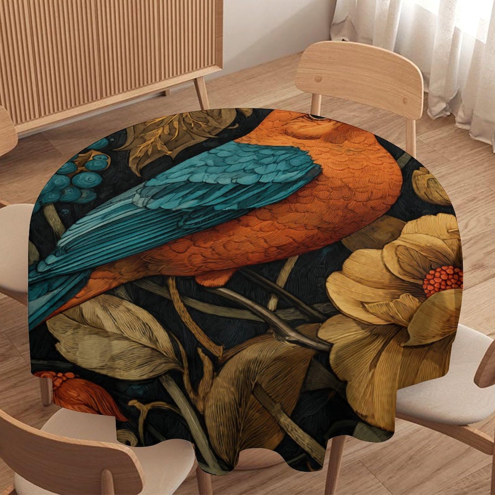 LUYYSKY Beautiful Rustic Animal Bird Round Tablecloth Modern Retro William Morris Botanical Flowers Washable Decor for Table Cover for Kitchen-177.8" Wx177.8 L cm