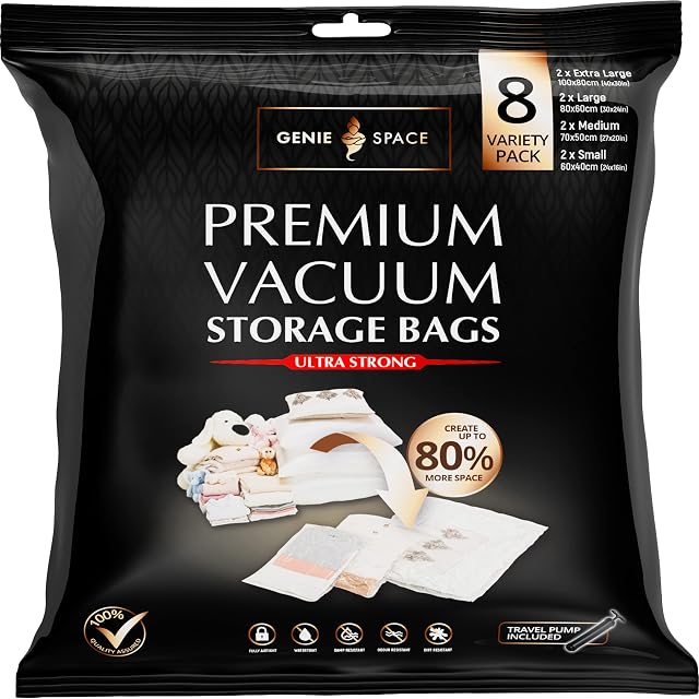 GENIE SPACE - Incredibly Strong Premium Space Saving Vacuum Bags Storage | Variety 8 Pack (2XL+2L+2M+2S) | Airtight & Reusable | Create 80% more space | For Clothes, Towels, Bedding, Duvets and more.