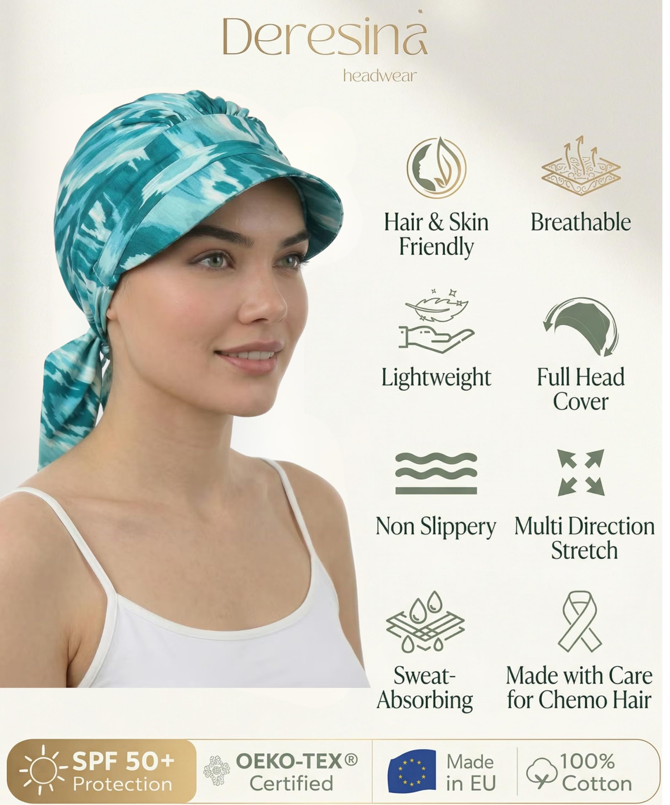 Deresina Gorro Oncológico Mujer Verano – Turbante Oncológico Algodón Pre-Anudado, Pañuelo Oncológico Alopecia, Visera Protección Solar