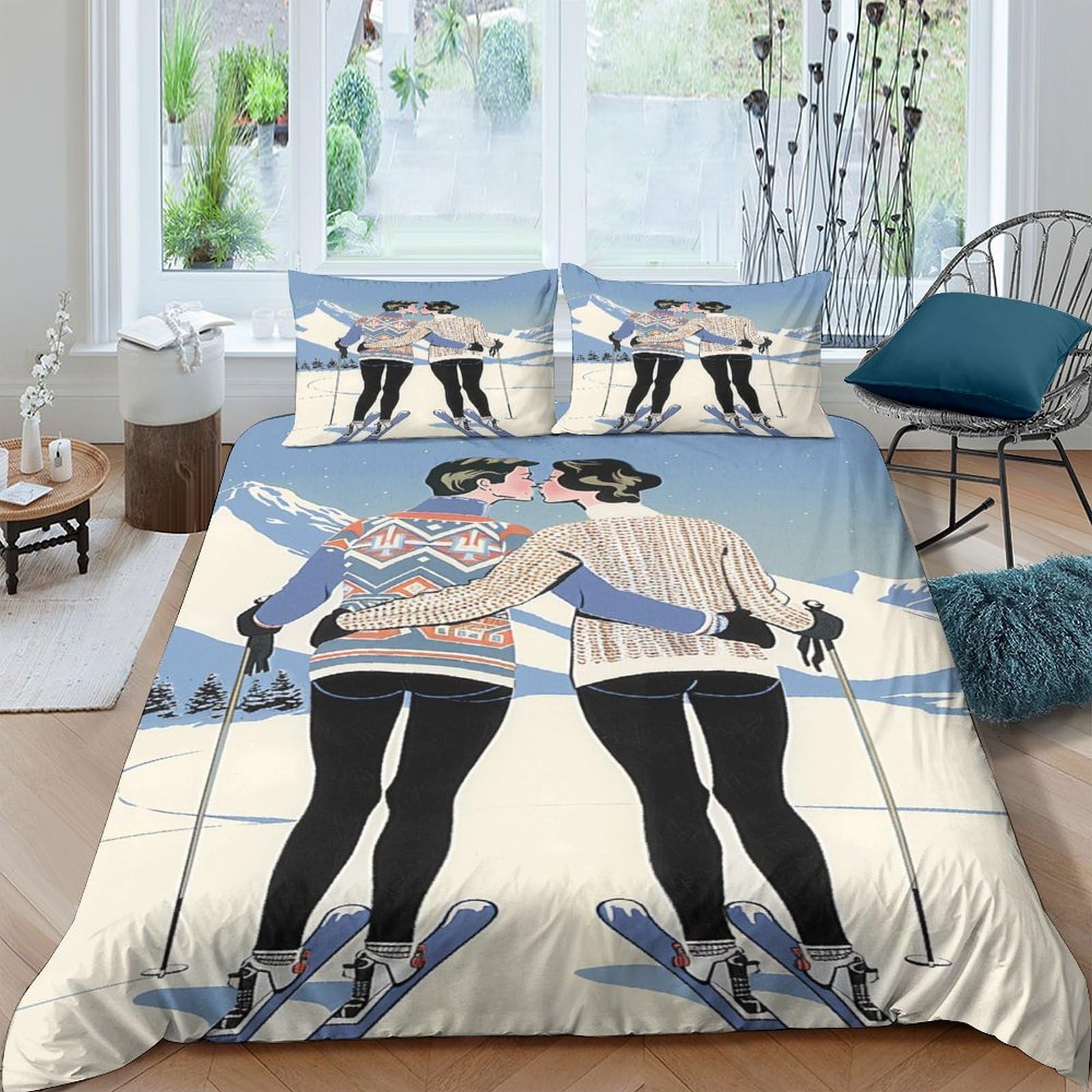 Parure de lit Skiing Couple en microfibre résistante avec fermeture éclair solide