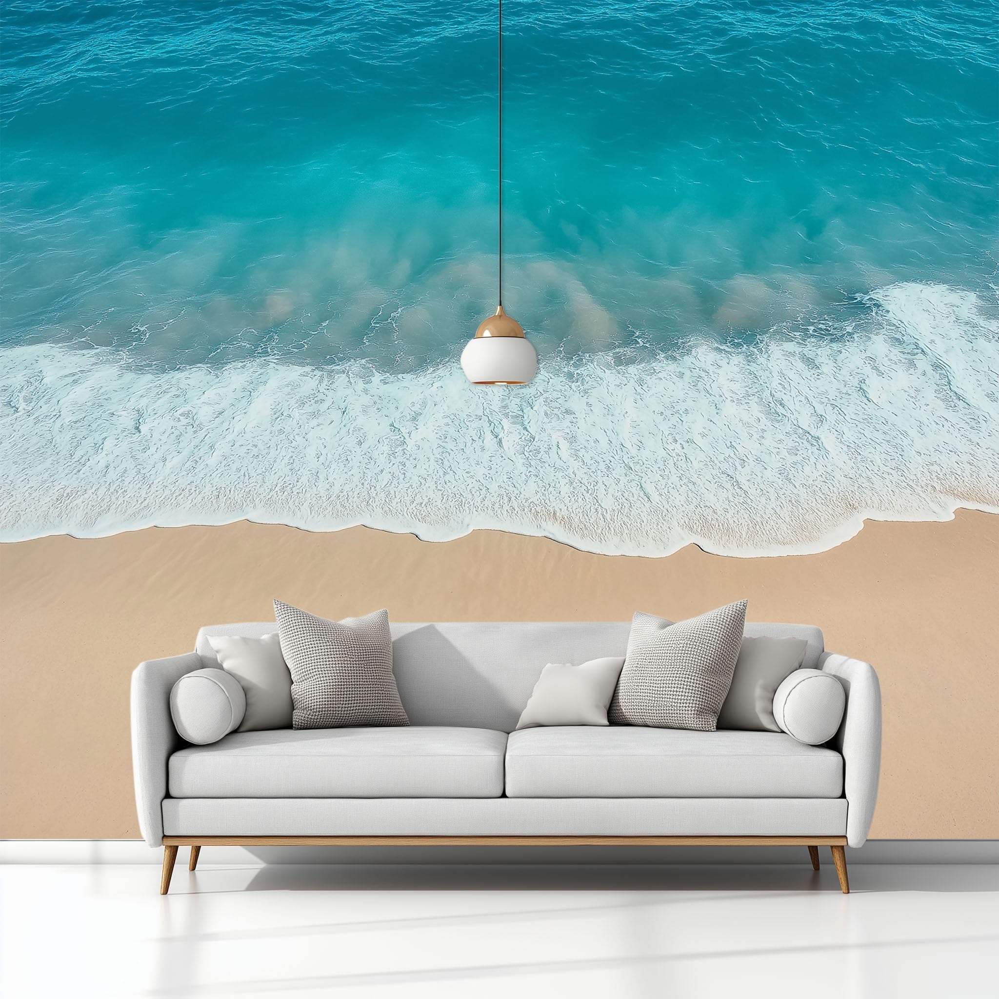 Naturalna plaża woda morze prosta tapeta panoramiczna 3D 400 x 280 cm, fototapeta z włókniny | Dekoracja Fototapeta Sypialnia Niebieska zielona dla dzieci,