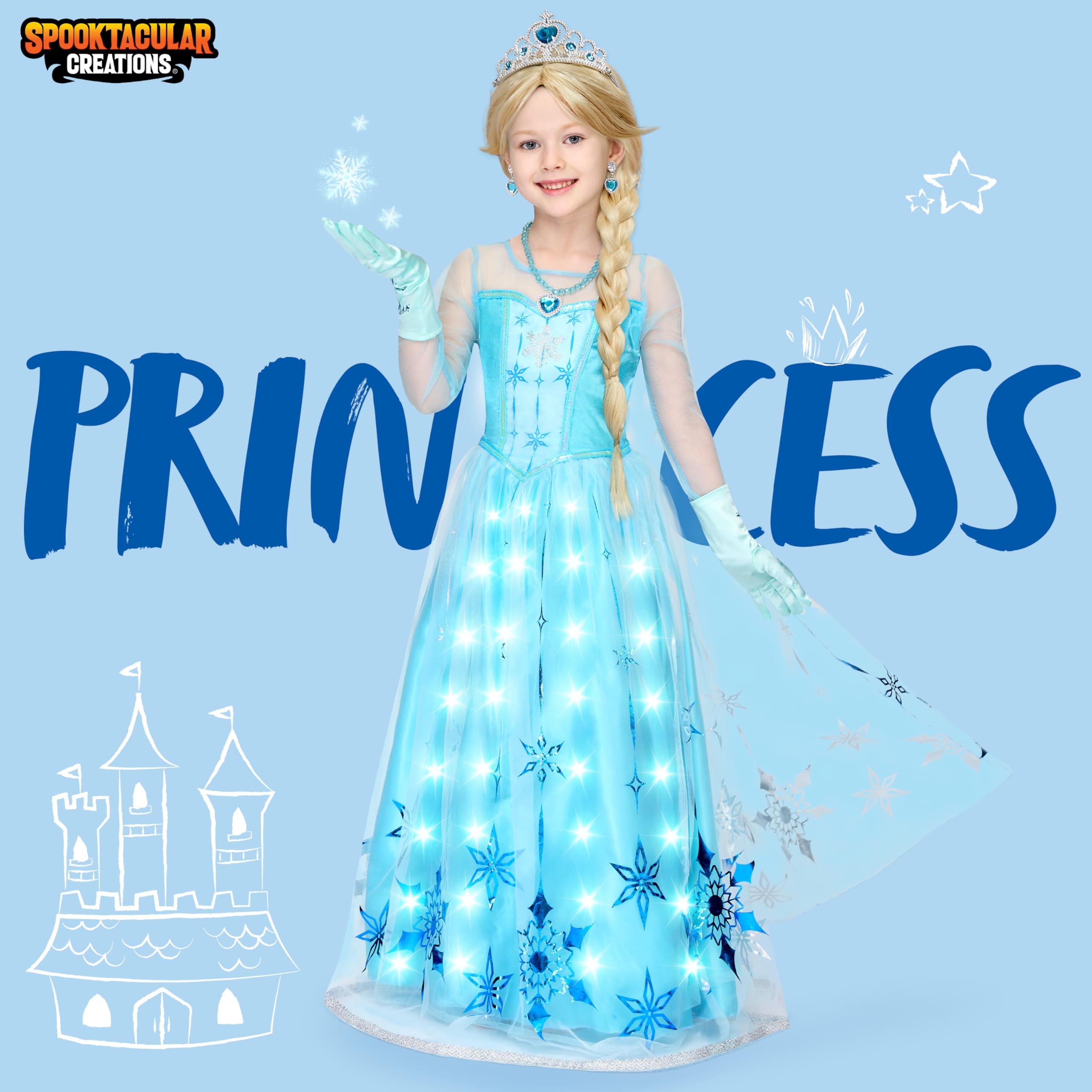 Spooktacular Creations Halloween Kids Ice Princess Dresses, Light-Up Princess Costume for Girls, Sequin Snowflake Long Cape Gown for Toddler Birthday, Halloween Dress-Up Party (3T, 3-4 yrs)