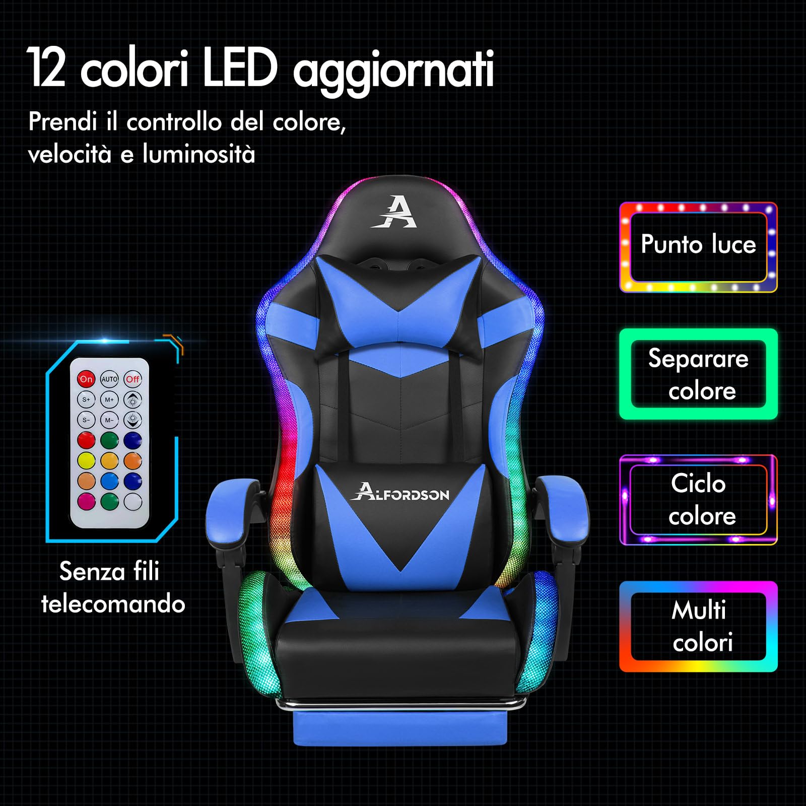 ALFORDSON Sedia Gaming con Massaggiante e Luci LED,Sedia Ergonomica Gamer per Scrivania,Poltrona Regolabile in Altezza con Supporto Lombare Poggiatesta,Schienale Regolabile 90-150°, Similpelle(Blu)