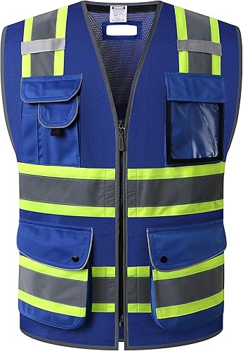 Chalecos de seguridad retroreflectantes resistentes de malla azul con 11 bolsillos y cremallera frontal ANSIISEA 107-2015 (azul-11, L)