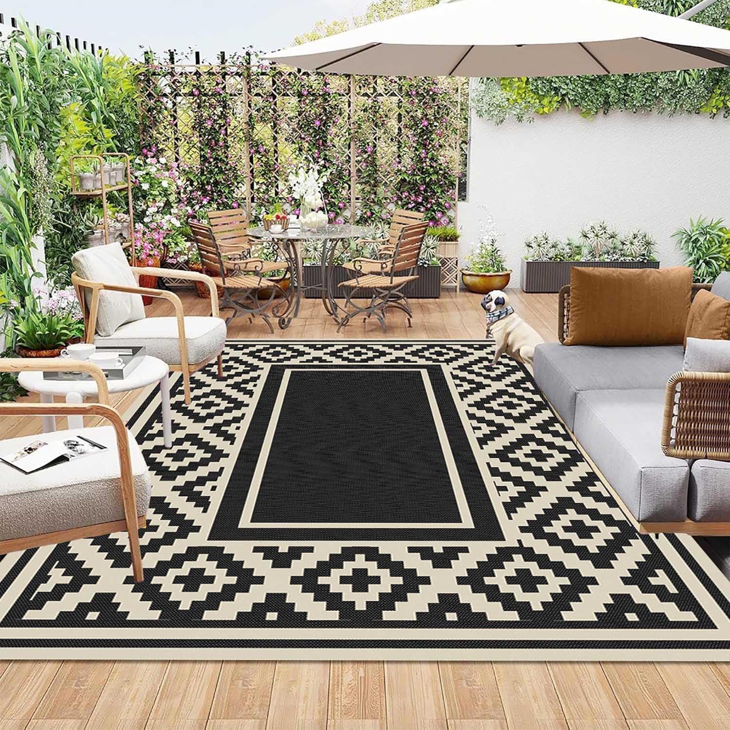 Tapis Exterieur en Plastique 120x180,Tapis de Sol Camping Car Exterieur Pliable,Imperméable,Résistant Aux UV,Réversible,Tapis Beige et Noir pour Terrasse Balcon Piscine Plage Pique-Nique Jardin