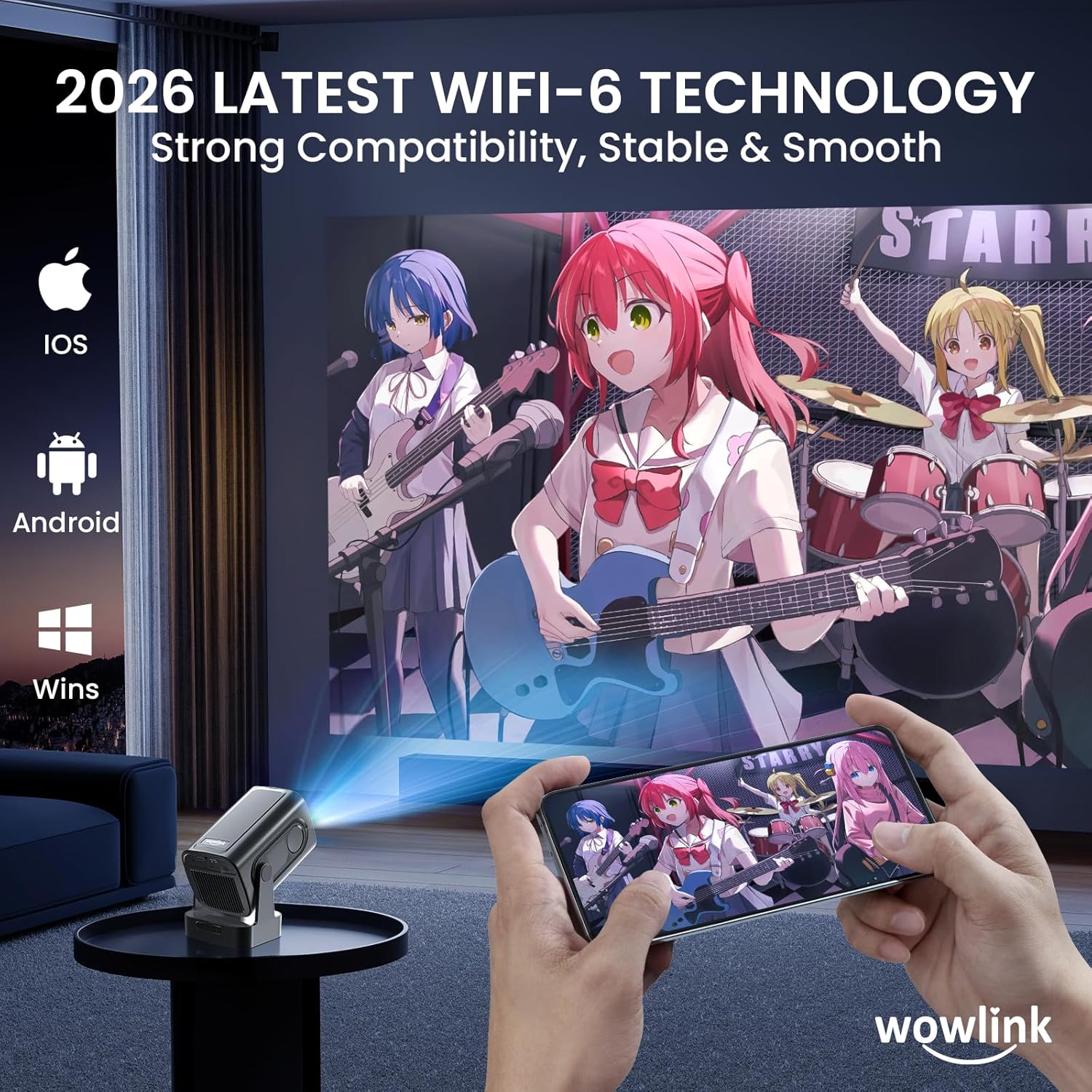 Projector [Auto Focus & 1080P Native & Built-in Apps] Projector 4K Support Auto Correction WiFi 6 Bluetooth 5.4 Mini Portable Projector Compatible with HDMI/TV Stick/Memory Stick/Laptop, Dark