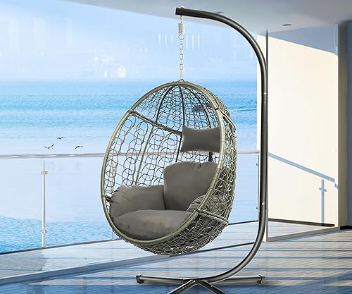 Miniatura 8 de DoubleTT Silla de huevo para interiores y exteriores con soporte, hamaca colgante, cesta nido, resistente a los rayos UV, cojines extraíbles y