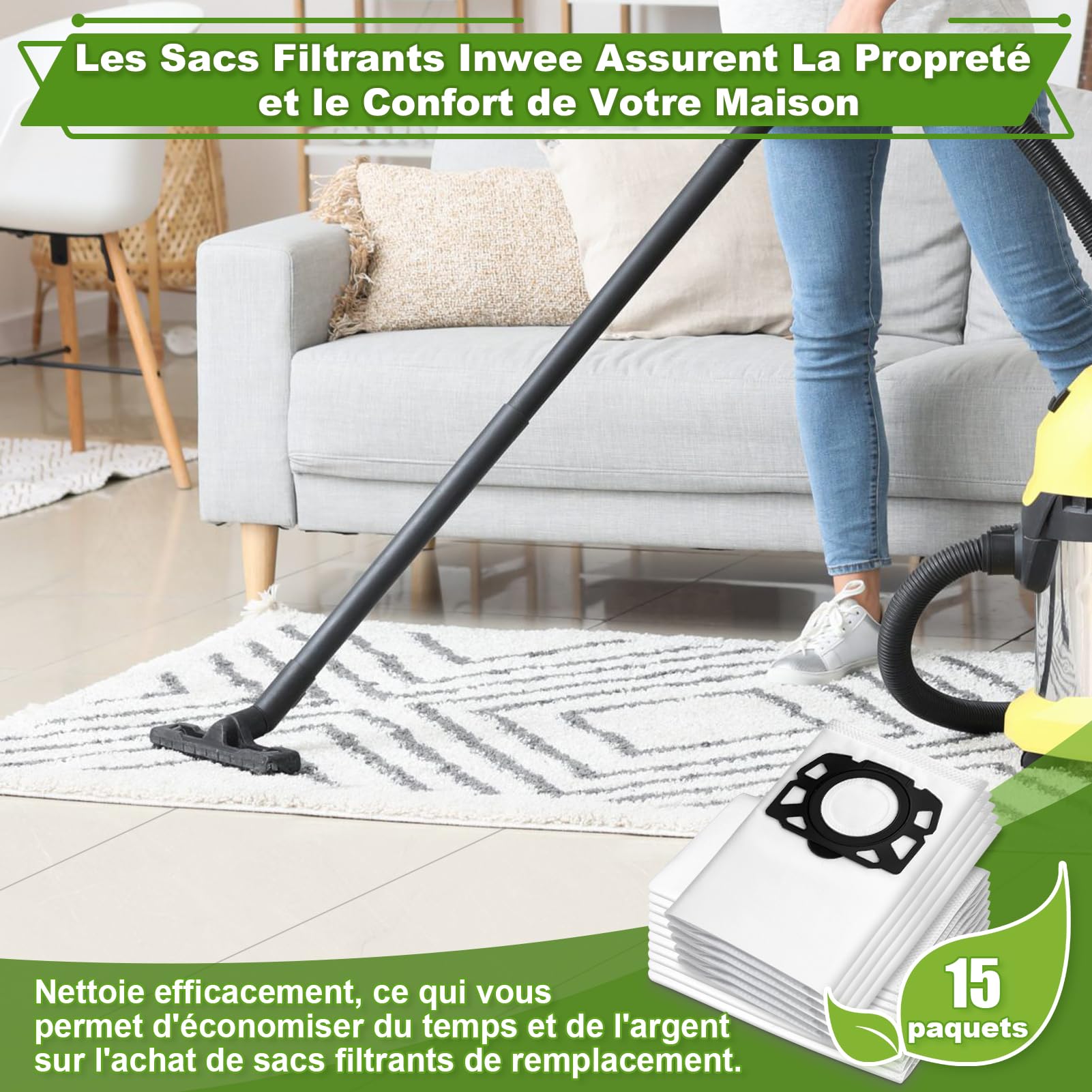 Lot de 15 Sacs de Filtre Sacs pour Aspirateur Karcher WD4,WD5,WD6,MV4,MV5,MV6,WD5P WD6P,KWD4,KWD5,KWD6, Sacs Filtrants D'aspirateur pour Aspirateur Humide et Sec 2.863-006.0