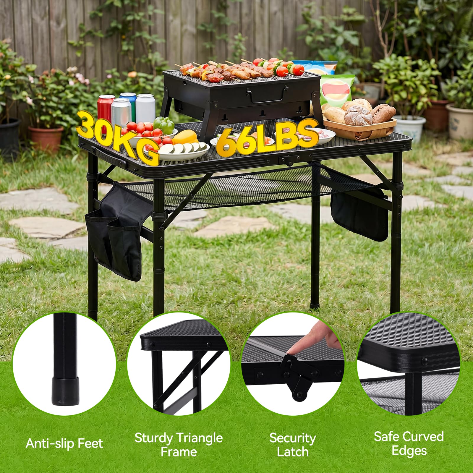 Campingtisch Klappbarer 60×40cm 3-Fach Höhenverstellbarer Grilltisch mit Metallgitter-Tischplatte und 2 Seitentaschen Faltbarer Gartentisch Klapptisch für Outdoor Garten Camping Picknick