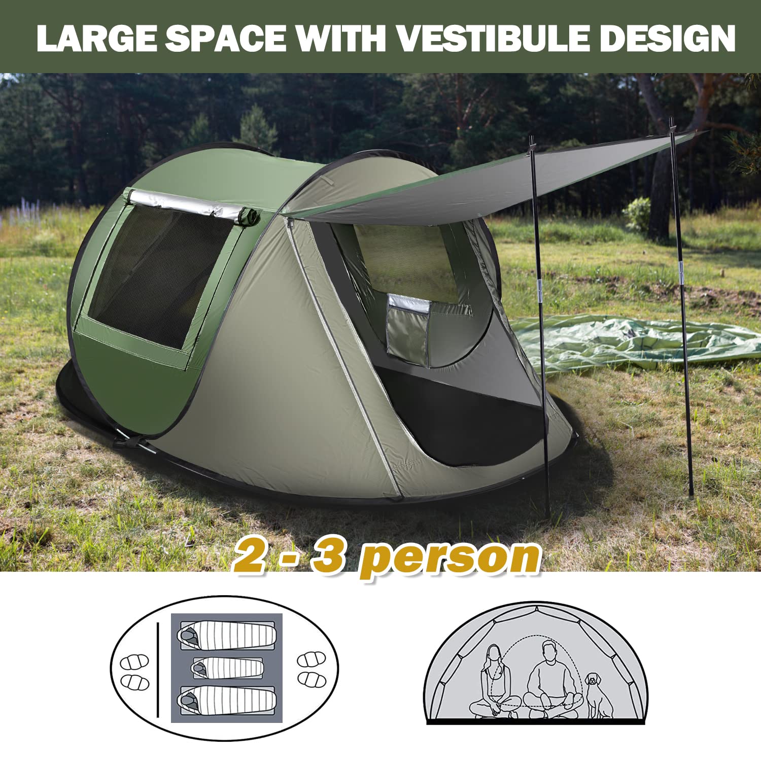 Tenda Pop-up Istantanea 2-3 Persone – Impermeabile, Antivento, Con Doppia Porta E Vestibolo – Per Campeggio, Spiaggia, Trekking, Verde - 5