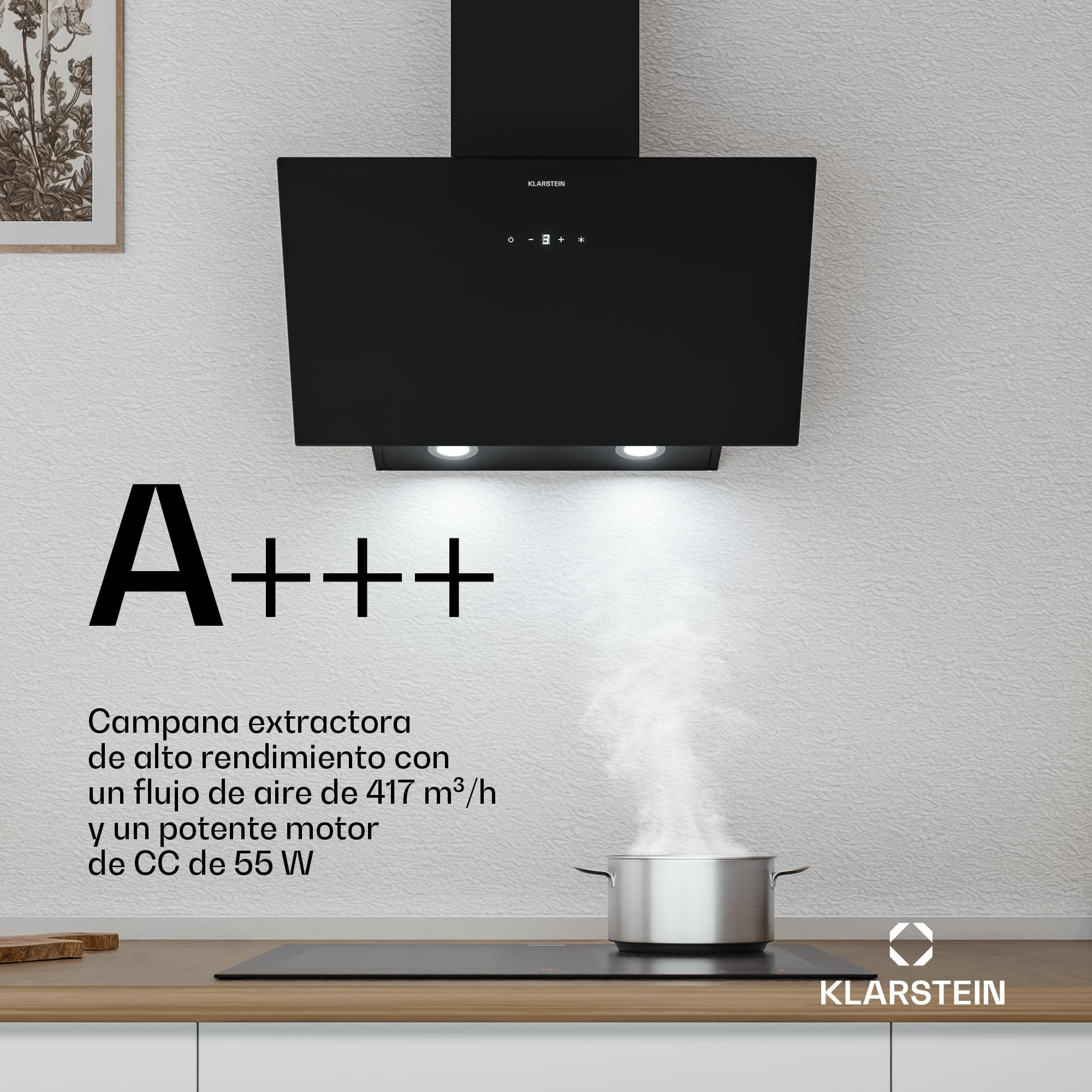 Klarstein Laurel Campana Extractora 60 cm - Angular, 417 m³/h, A+++, LED, 3 Velocidades & Boost, Filtro Carbón, Táctil, Recirculación o Extracción, Campana Extractora Decorativa Cocina, Negro