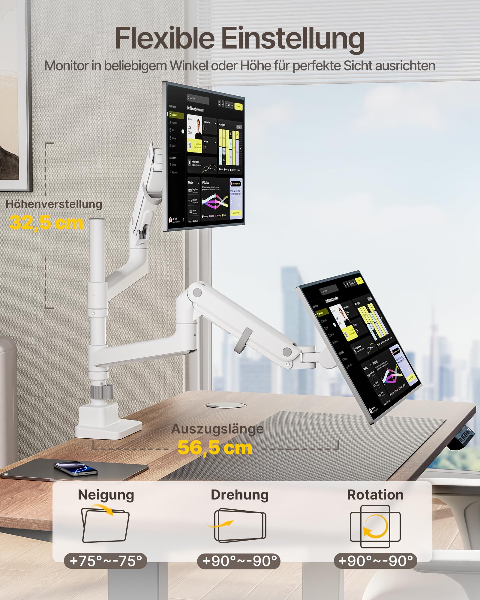 monTEK Monitor Halterung 2 Monitore für 17-57 Zoll Bildschirme bis zu 27 kg | Aluminium Schwerlast-Gasfeder, für Gebogene Bildschirme Verstellbarer Monitorständer, 75/100 mm VESA Halterung, Weiß