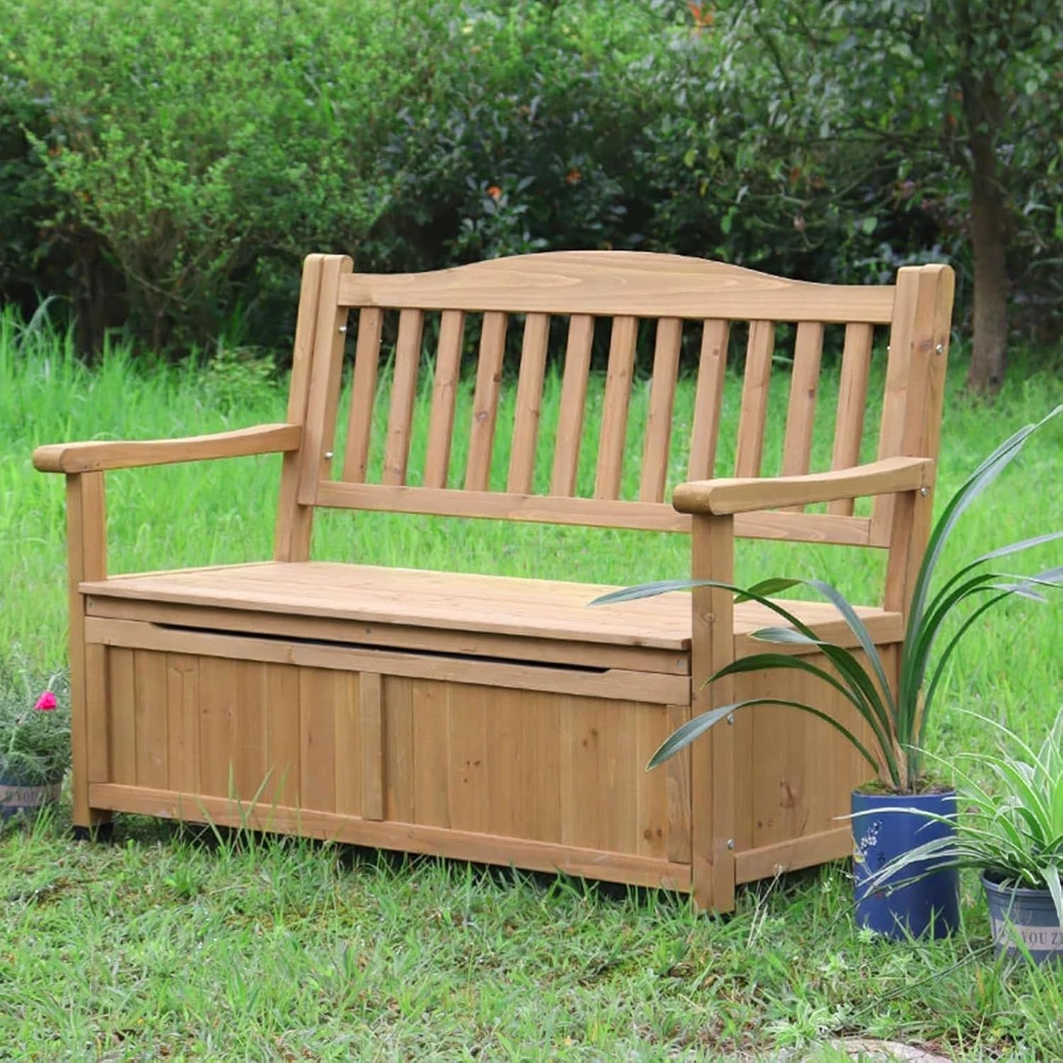 Outdoor Storage Bench, Patio Storage Box, with Armrests and Backrests, Garden Furniture, Weatherproof Bench, for Garden, Home, Patio, Pools(Yellow)