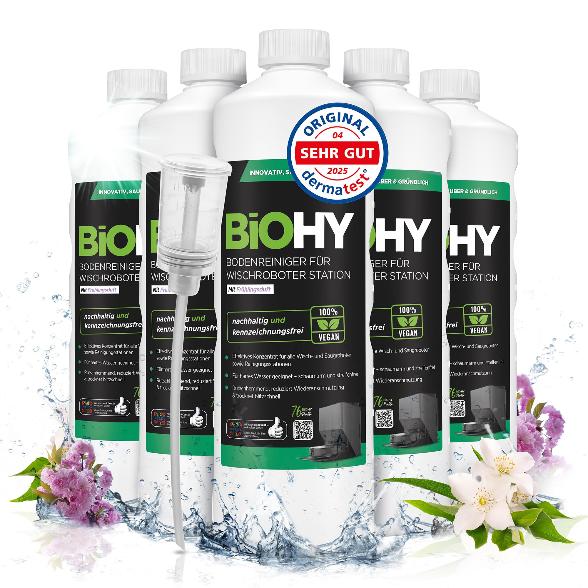 BiOHY Limpiador de suelos para robot limpiador estación con aroma primaveral (6 x 1 litro) + dosificador, detergente concentrado para todos los robots limpiadores y aspiradores con función húmeda,
