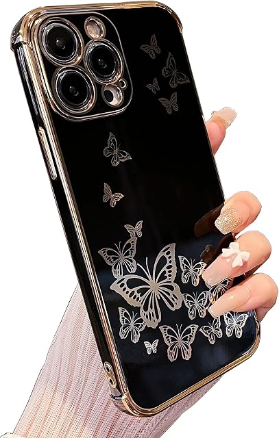 ZTOFERA Case for iPhone 14 Pro Max, Plating Butterfly Pattern Case with Electroplate Golden Edging, Flexible TPU Protective Shockproof Bumper Cover for iPhone 14 Pro Max 6.7" - Black