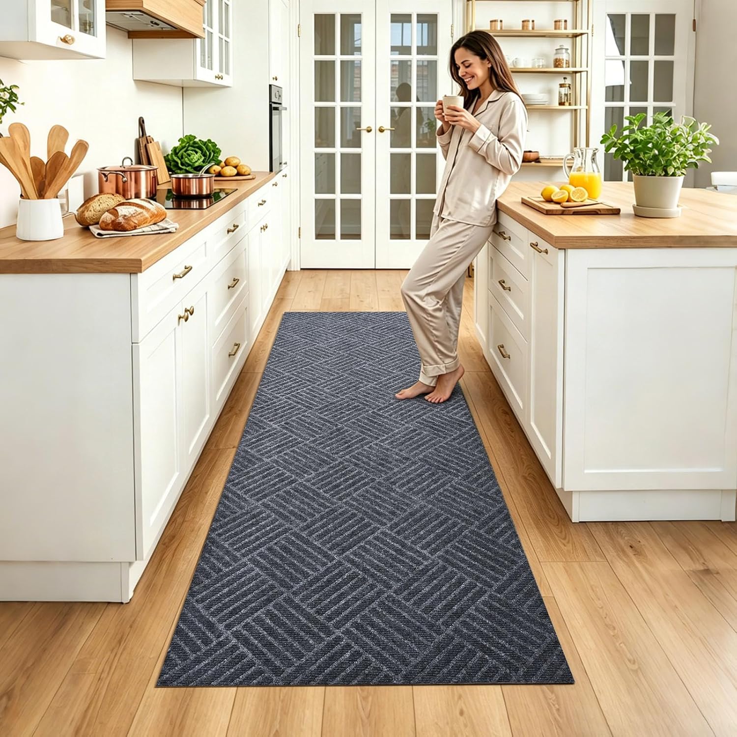 Runner Rugs with Rubber Backing for Hallway,3’x15’Fine Stripe Embossing Non-Slip Indoor Outdoor Doormat,for Entryway Balcony Patio Kitchen Garage Stair Laundry,Dark Grey