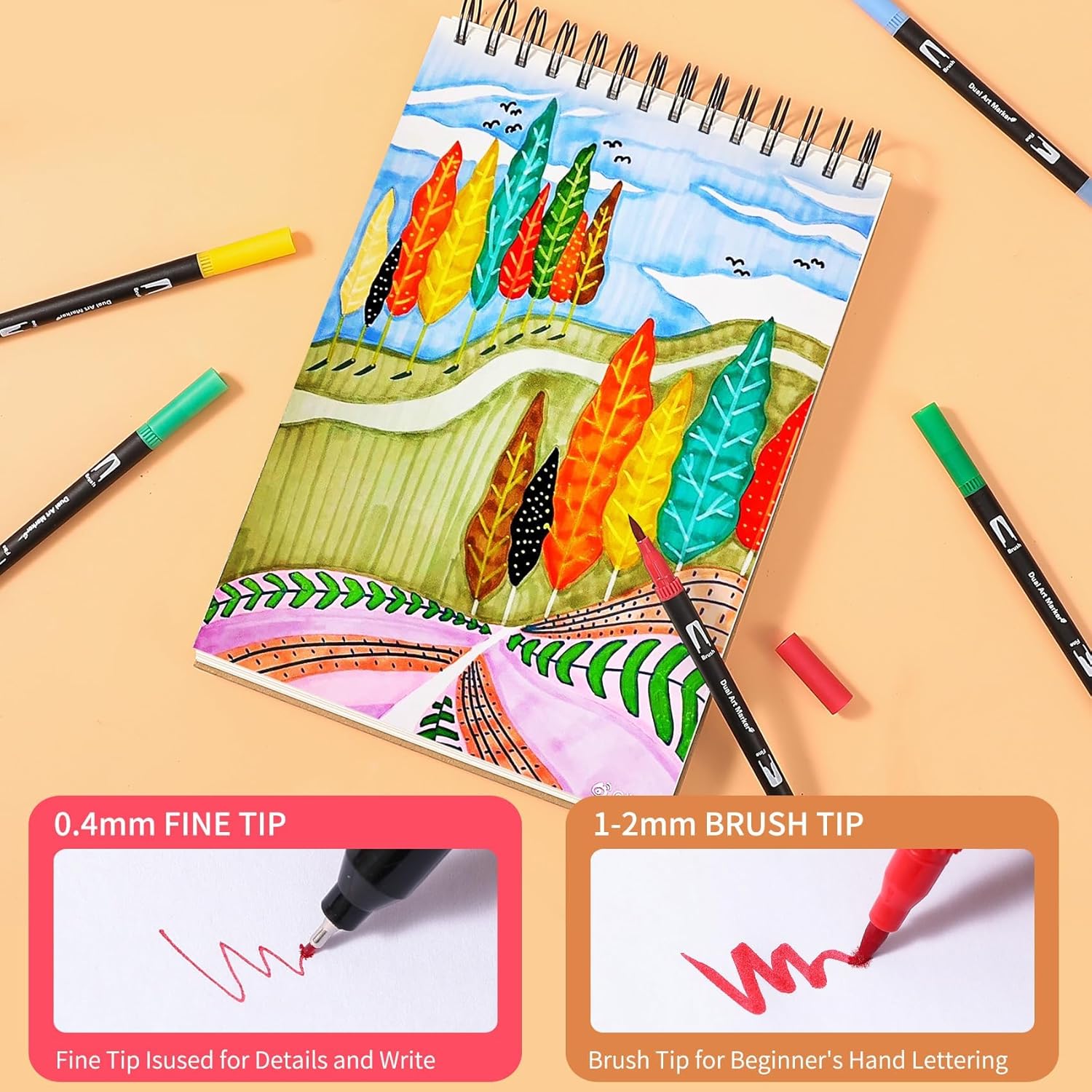 Dual Tip Markers, Brush Art Markers Set with Fine Tip and Brush Tip for Adult Coloring Book, Hand Lettering, Calligraphy & Drawing, Professional Art Supplies Kit for Adults (120 Colors)
