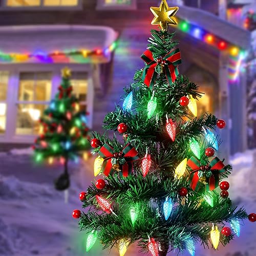 Miniatura 2 de Dremisland Paquete de 4 árboles de Navidad solares con 80 luces LED, decoraciones solares de Navidad al aire libre, impermeables, alimentadas por