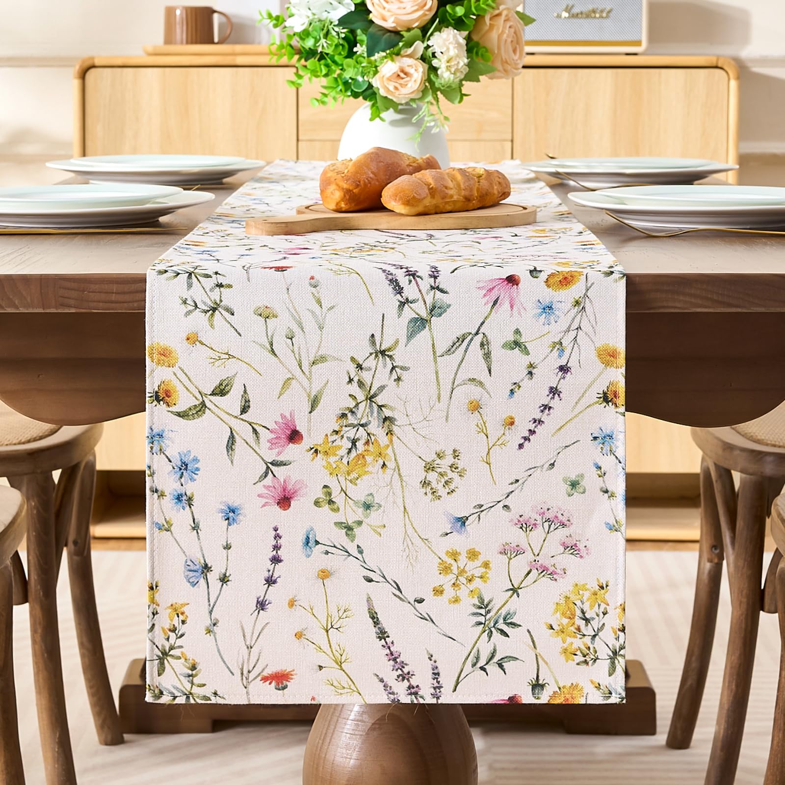 BonBotimen Tischläufer Blumen Gras Tischband Deko, Schmaler Tischläufer Saisonnal Frühling Sommer Küche Esstisch Dekoration Drinnen Urlaub Party Dekor Waschbar 33x183 cm
