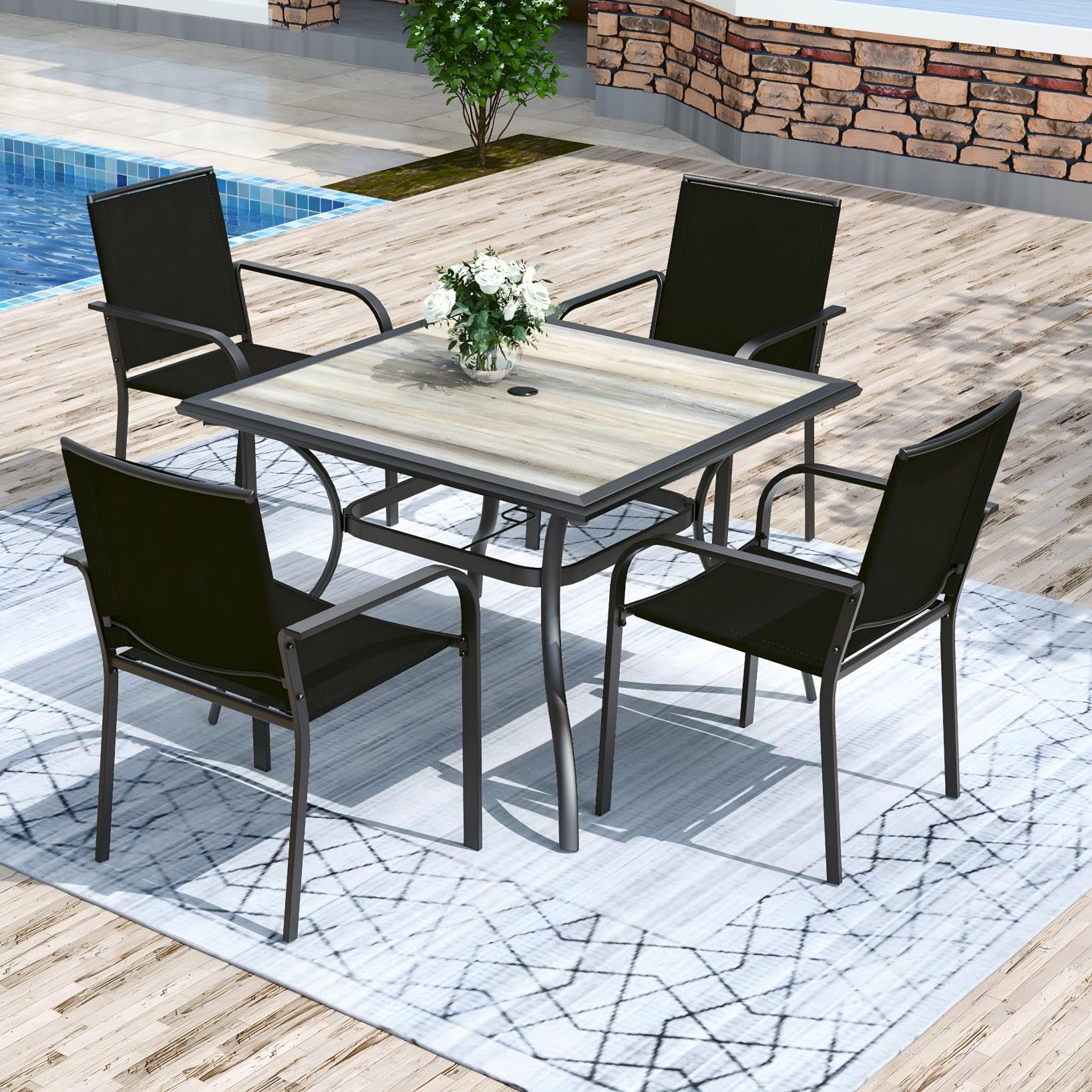 Anmutig 5-Piece Outdoor Dining Set, 37" Square Patio Table 4 Chairs, Black