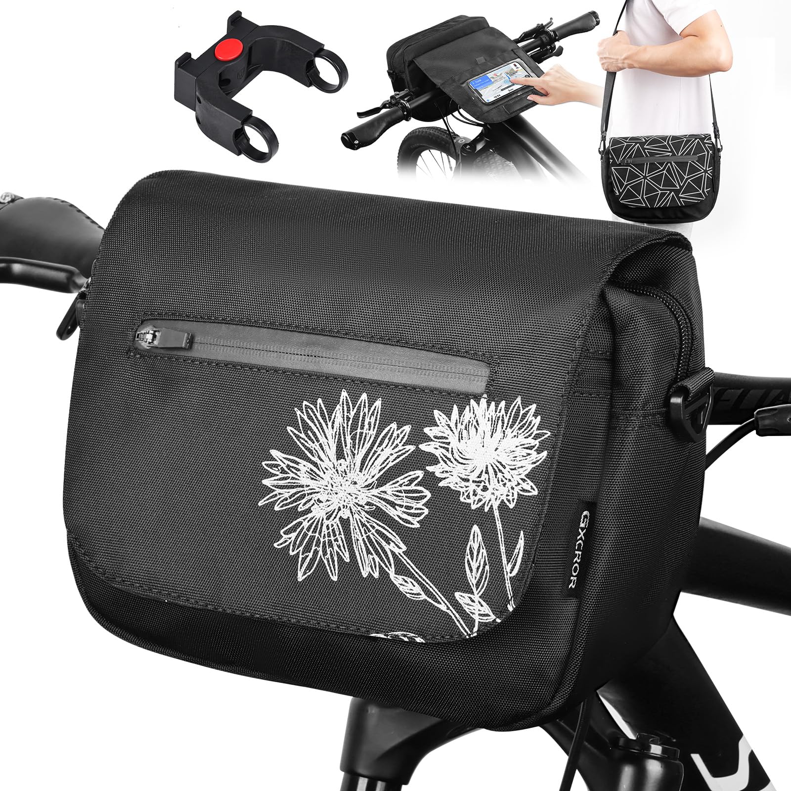 GXCROR Lenkertasche Fahrrad 5L mit Adapter, Handyhalterung, Trageschultergurt, Blitzschnell Abnehmbar, Wasserabweisende fahrradtasche Lenker, Für Stadtpendler, Reisen