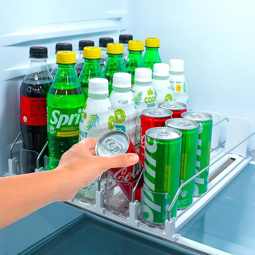 Upgraded Premium Drink Organizer for Fridge. Ultra Space Saving Drink Dispenser for Refrigerator with Larger Stopper Height and Automatic Pusher with Locking Feature. Holds 25 Cans (5 Rows, White)