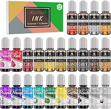 24 Alcohol Ink Set - 12 Metal Color with 12 Vibrant Color Alcohol-based Ink for Epoxy Resin Art, Painting, Resin Petri Dish Making - Alcohol Paint Color Dye for Yupo, DIY Tumbler - 10ml/.35oz Each