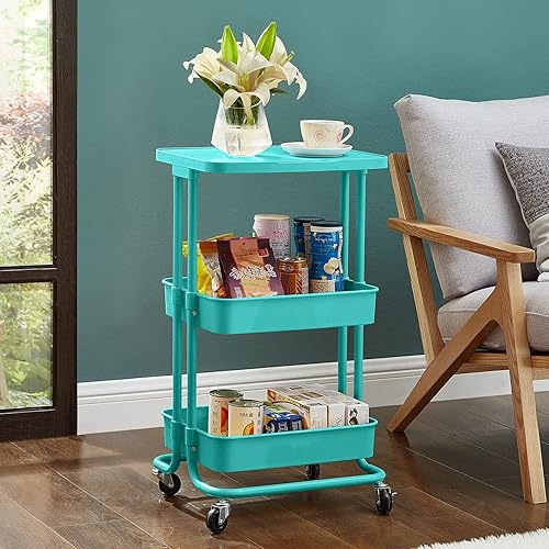 Miniatura 6 de BEEY Carrito de almacenamiento, carritos rodantes de 3 niveles con ruedas, carrito utilitario rodante con mesa y 3 tazas de almacenamiento para