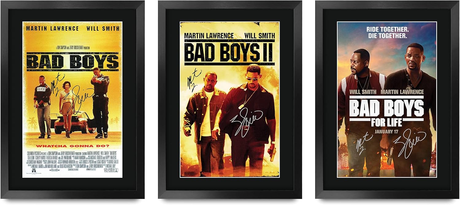 HWC Trading Bad Boys Movie Poster Will Smith Martin Lawrence Signed 16 x 12 inch Framed Gift Printed Autograph Film Print Photo Picture Display - 16" x 12" Framed