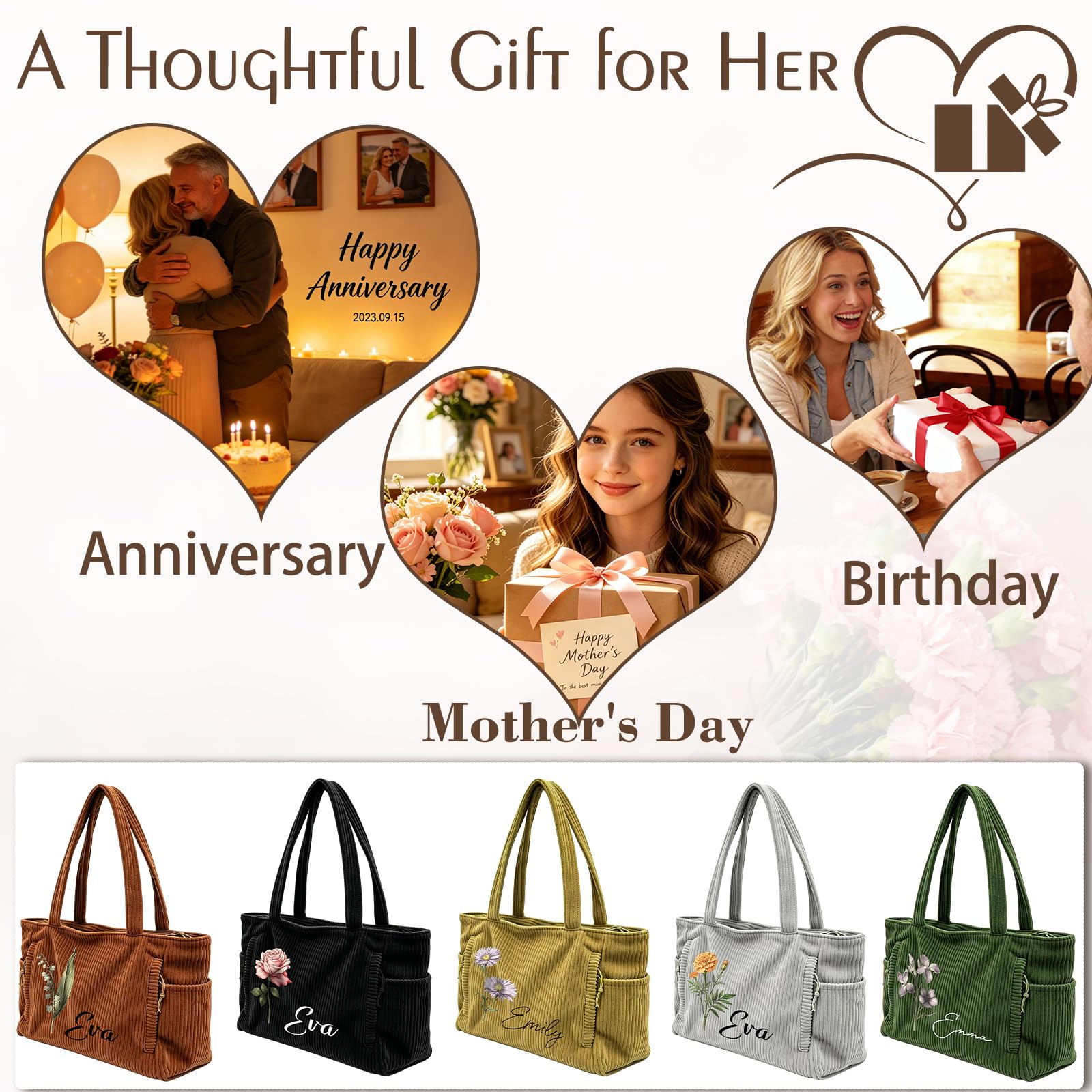 Bolsa de mano de pana personalizada para mujer, bolsa de hombro con cremallera de gran capacidad y bolsillos laterales