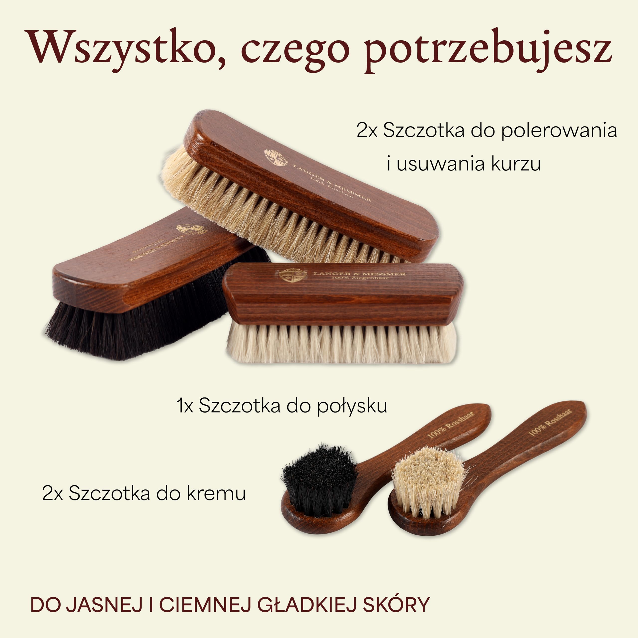 Langer & Messmer 5-częściowy zestaw do pielęgnacji butów ze szczotkami z włosia końskiego i koziego włosia do gładkiej skóry – Twój zestaw szczotek do butów do profesjonalnej pielęgnacji obuwia