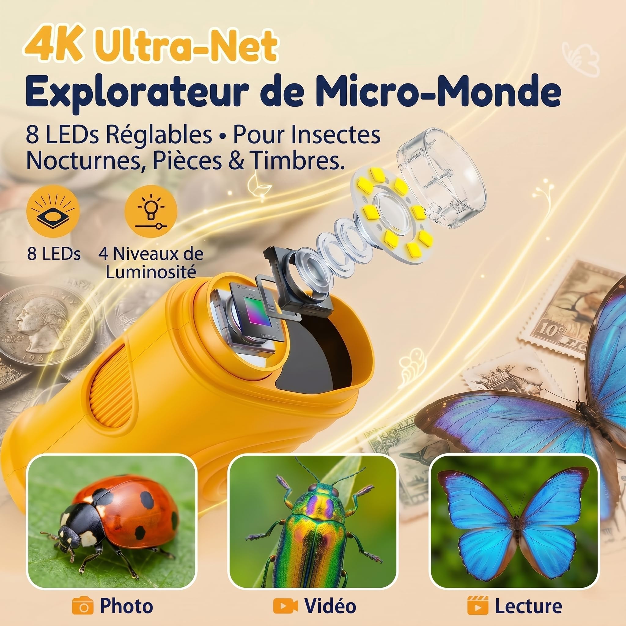 Microscope Enfant, Numérique 4K avec Écran HD 2,4" et Zoom 1000X, Loupe Électronique Portable 8 LED USB Photo Vidéo, Jouet Éducatif STEM Nature, Cadeau Anniversaire Noël Garçon Fille 3-12 Ans